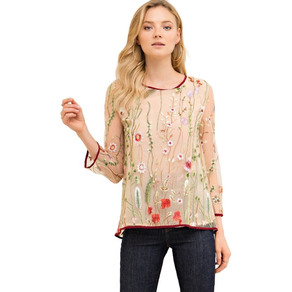 Entro Floral  Embroidered Top, Sand
